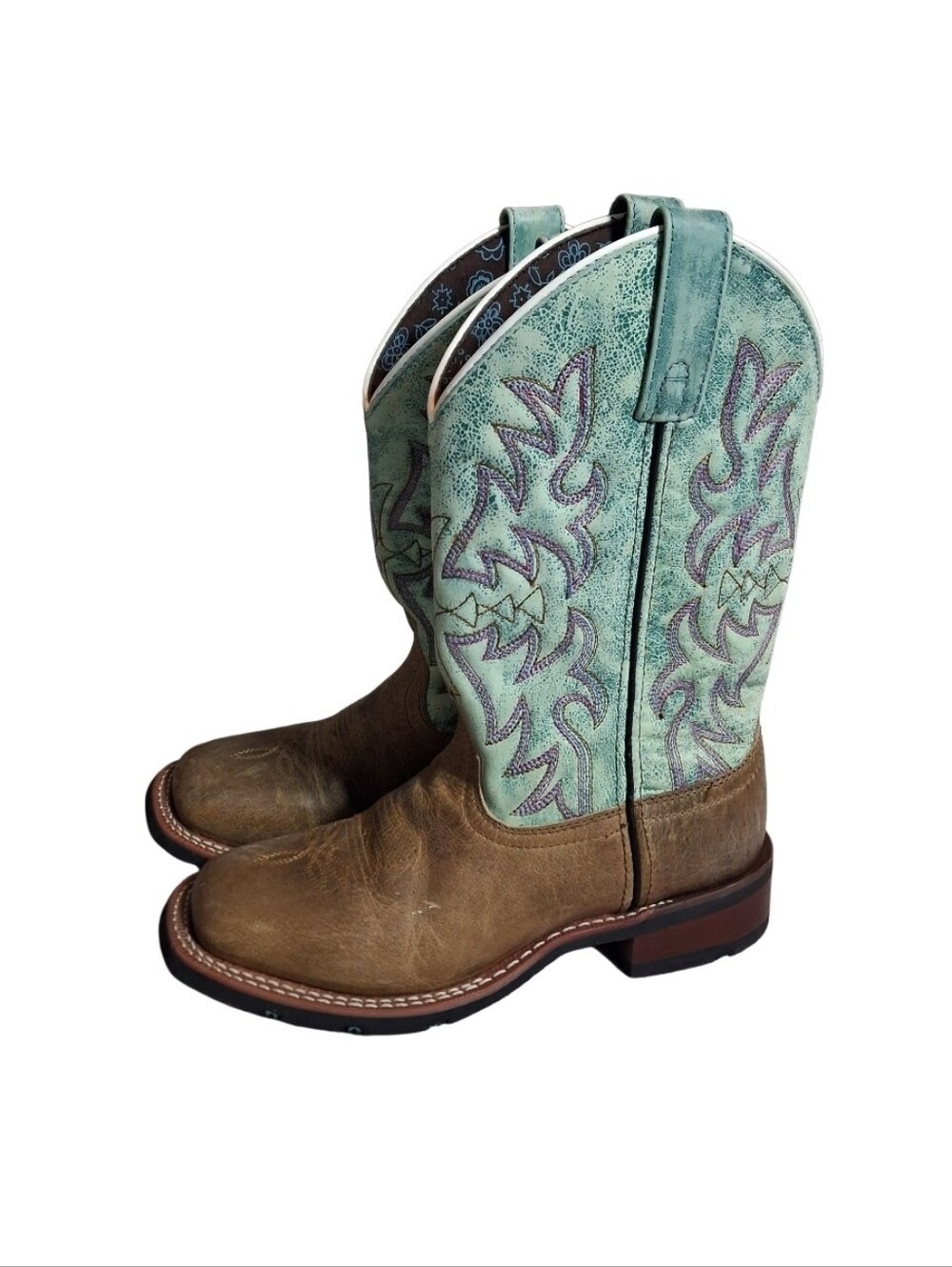 Laredo Women Size 6 M Anita Brown and Turquoise Square Toe Cowboy Boots Western